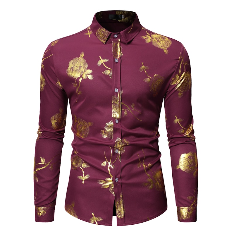 Mens Gold Rose Floral Print Shirts 2019 Brand Floral Steampunk Chemise ...