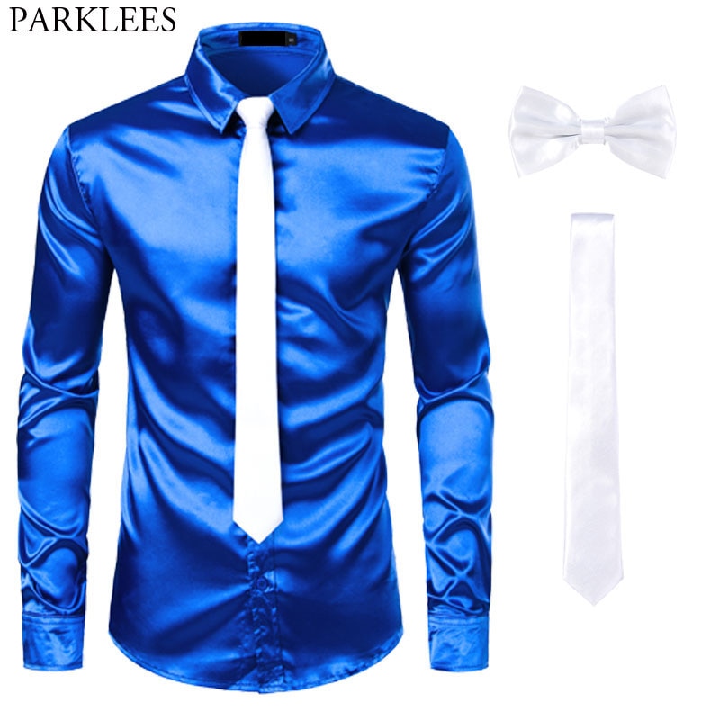 Black Mens Silk Dress Shirts 3Pcs(Shirt +Tie+Bowtie) Smooth Satin Shirt ...