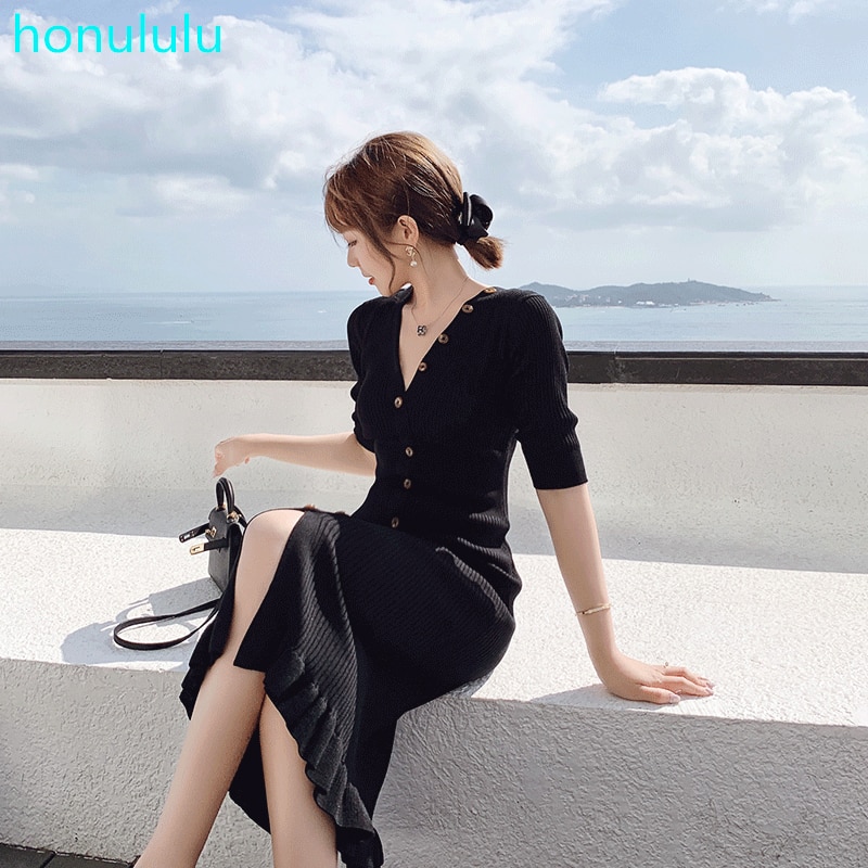 French long slim slim fringed knit short sleeve dress French long slim slim fringed knit short sleeve dress