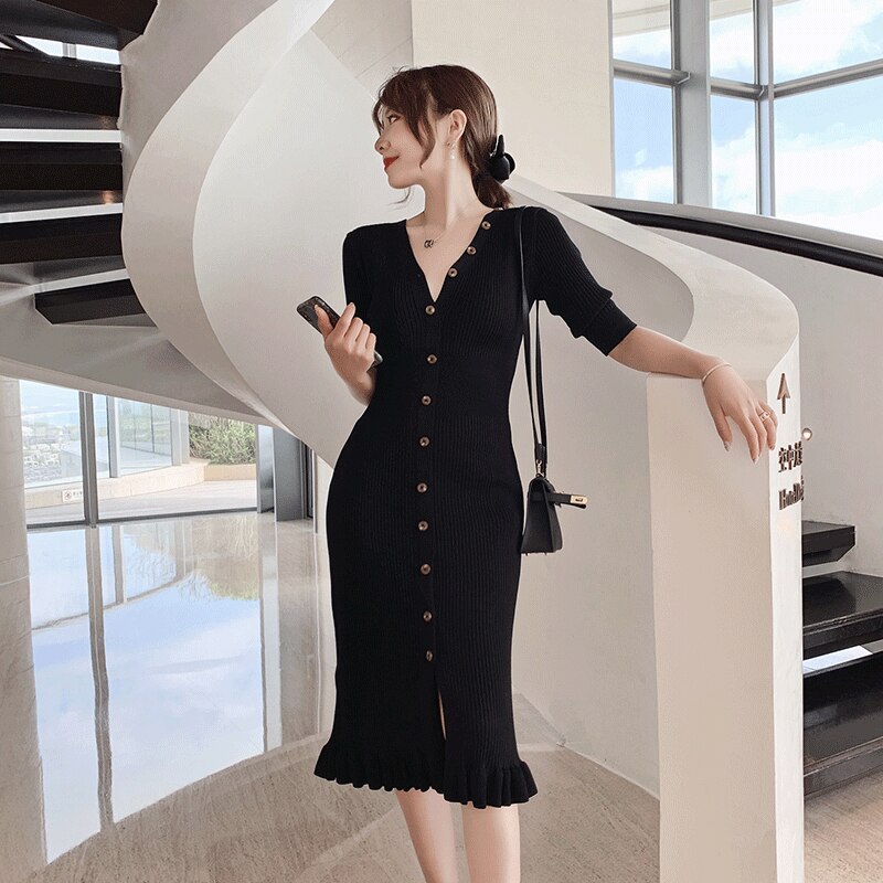 French long slim slim fringed knit short sleeve dress French long slim slim fringed knit short sleeve dress
