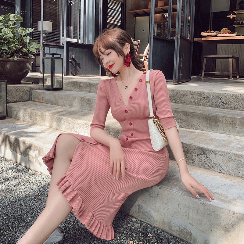 French long slim slim fringed knit short sleeve dress French long slim slim fringed knit short sleeve dress
