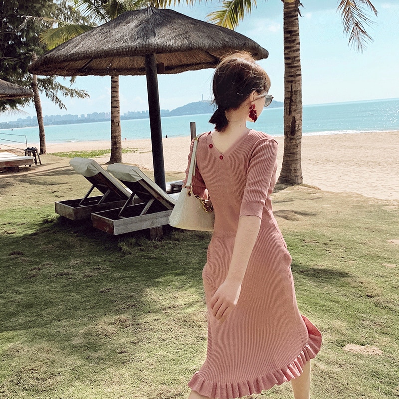 French long slim slim fringed knit short sleeve dress French long slim slim fringed knit short sleeve dress