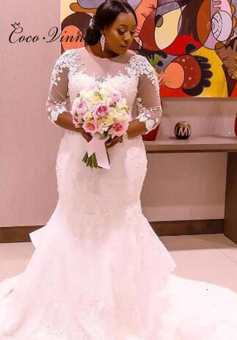 3/4 Sleeves Sheer Neck See Through African Wedding Dress 3/4 Sleeves Sheer Neck See Through African Wedding Dress