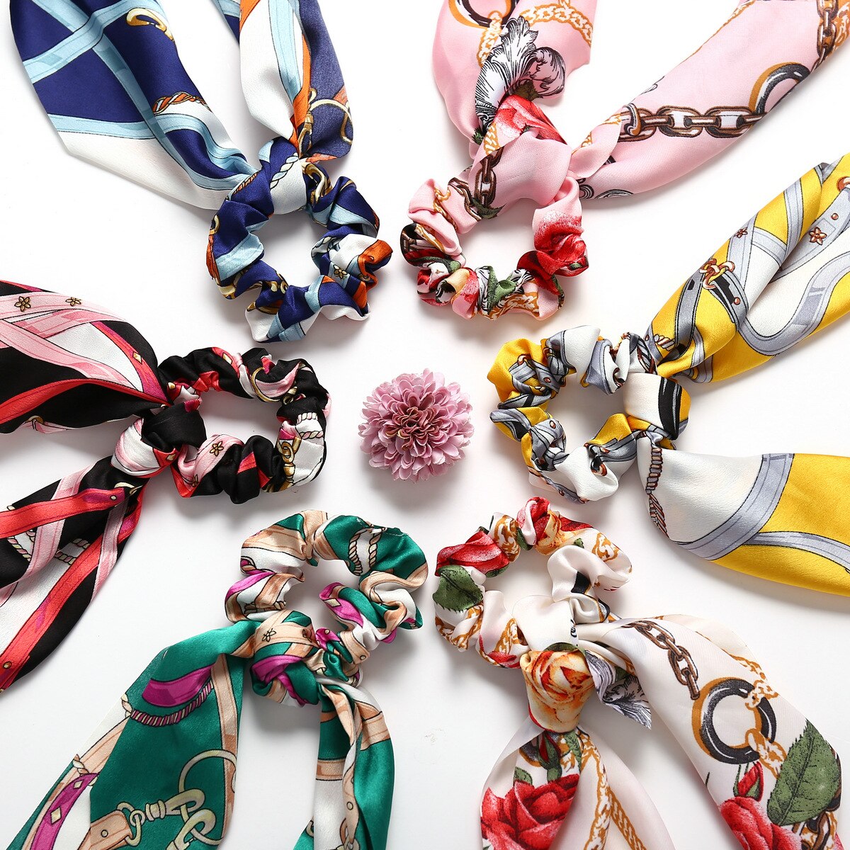 Floral Print Scrunchies Solid Long Hair Ribbon Floral Print Scrunchies Solid Long Hair Ribbon