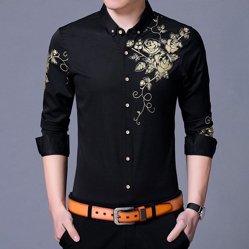 Brand Wine Red Mens Dress Shirts 2018 Fashion Golden Rose Flower Print Button Down Shirt Men Slim Fit Long Sleeve Chemise Homme Brand Wine Red Mens Dress Shirts 2018 Fashion Golden Rose Flower Print Button Down Shirt Men Slim Fit Long Sleeve Chemise Homme