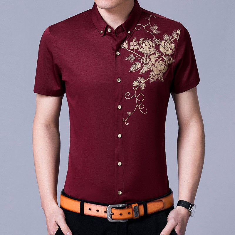 Brand Wine Red Mens Dress Shirts 2018 Fashion Golden Rose Flower Print Button Down Shirt Men Slim Fit Long Sleeve Chemise Homme Brand Wine Red Mens Dress Shirts 2018 Fashion Golden Rose Flower Print Button Down Shirt Men Slim Fit Long Sleeve Chemise Homme