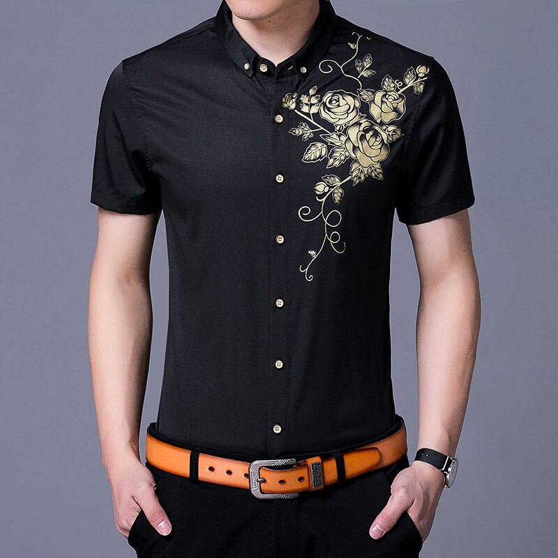 Brand Wine Red Mens Dress Shirts 2018 Fashion Golden Rose Flower Print Button Down Shirt Men Slim Fit Long Sleeve Chemise Homme Brand Wine Red Mens Dress Shirts 2018 Fashion Golden Rose Flower Print Button Down Shirt Men Slim Fit Long Sleeve Chemise Homme
