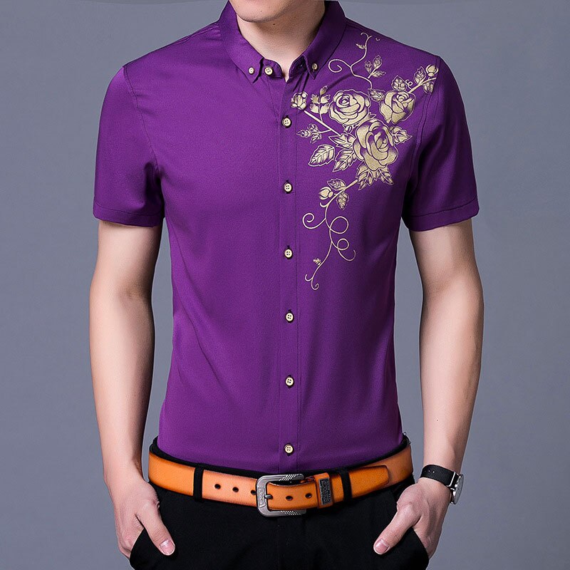 Brand Wine Red Mens Dress Shirts 2018 Fashion Golden Rose Flower Print Button Down Shirt Men Slim Fit Long Sleeve Chemise Homme Brand Wine Red Mens Dress Shirts 2018 Fashion Golden Rose Flower Print Button Down Shirt Men Slim Fit Long Sleeve Chemise Homme