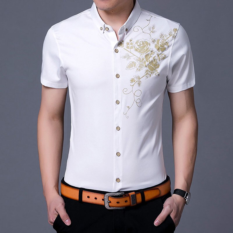 Brand Wine Red Mens Dress Shirts 2018 Fashion Golden Rose Flower Print Button Down Shirt Men Slim Fit Long Sleeve Chemise Homme Brand Wine Red Mens Dress Shirts 2018 Fashion Golden Rose Flower Print Button Down Shirt Men Slim Fit Long Sleeve Chemise Homme