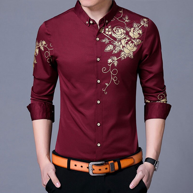 Brand Wine Red Mens Dress Shirts 2018 Fashion Golden Rose Flower Print Button Down Shirt Men Slim Fit Long Sleeve Chemise Homme Brand Wine Red Mens Dress Shirts 2018 Fashion Golden Rose Flower Print Button Down Shirt Men Slim Fit Long Sleeve Chemise Homme