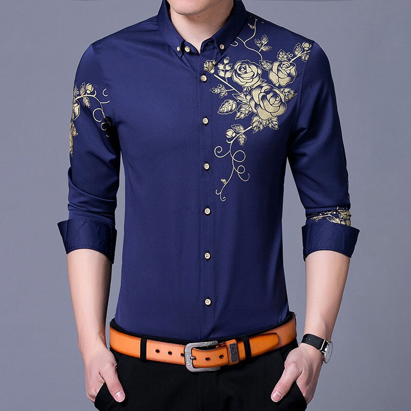 Brand Wine Red Mens Dress Shirts 2018 Fashion Golden Rose Flower Print Button Down Shirt Men Slim Fit Long Sleeve Chemise Homme Brand Wine Red Mens Dress Shirts 2018 Fashion Golden Rose Flower Print Button Down Shirt Men Slim Fit Long Sleeve Chemise Homme