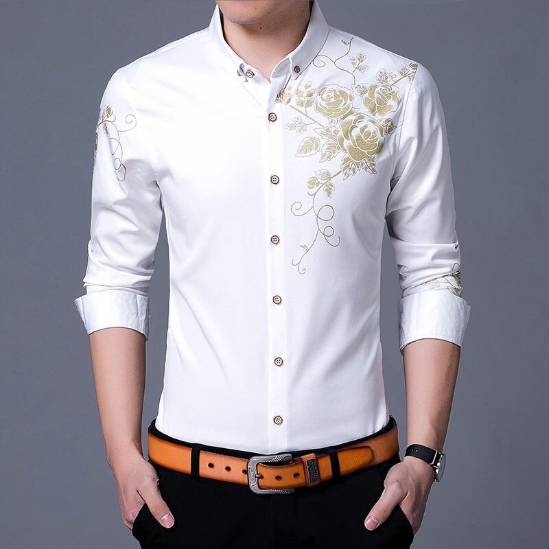 Brand Wine Red Mens Dress Shirts 2018 Fashion Golden Rose Flower Print Button Down Shirt Men Slim Fit Long Sleeve Chemise Homme Brand Wine Red Mens Dress Shirts 2018 Fashion Golden Rose Flower Print Button Down Shirt Men Slim Fit Long Sleeve Chemise Homme