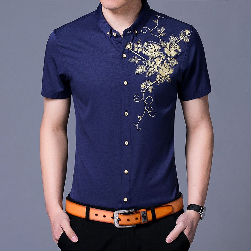 Brand Wine Red Mens Dress Shirts 2018 Fashion Golden Rose Flower Print Button Down Shirt Men Slim Fit Long Sleeve Chemise Homme Brand Wine Red Mens Dress Shirts 2018 Fashion Golden Rose Flower Print Button Down Shirt Men Slim Fit Long Sleeve Chemise Homme