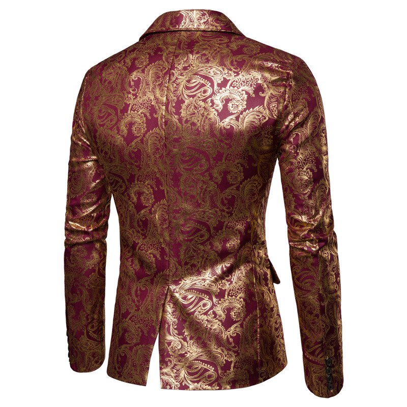 Gold Coated Metallic Suit Men Jacket Glitter Bronzing Floral Print Blazer Jacket Men Slim One button Nightclub DJ Stage Costumes Gold Coated Metallic Suit Men Jacket Glitter Bronzing Floral Print Blazer Jacket Men Slim One button Nightclub DJ Stage Costumes