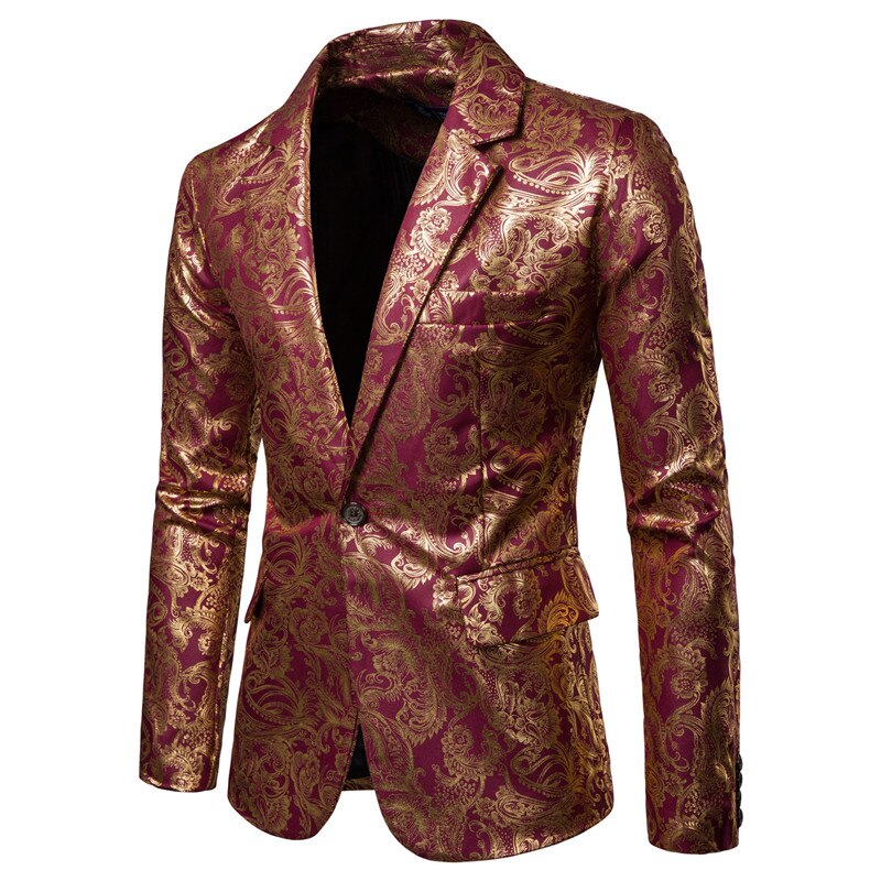 Gold Coated Metallic Suit Men Jacket Glitter Bronzing Floral Print Blazer Jacket Men Slim One button Nightclub DJ Stage Costumes Gold Coated Metallic Suit Men Jacket Glitter Bronzing Floral Print Blazer Jacket Men Slim One button Nightclub DJ Stage Costumes