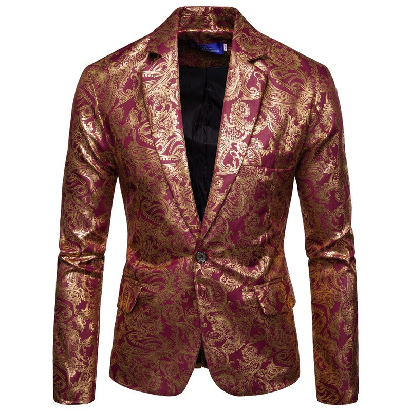 Gold Coated Metallic Suit Men Jacket Glitter Bronzing Floral Print Blazer Jacket Men Slim One button Nightclub DJ Stage Costumes Gold Coated Metallic Suit Men Jacket Glitter Bronzing Floral Print Blazer Jacket Men Slim One button Nightclub DJ Stage Costumes