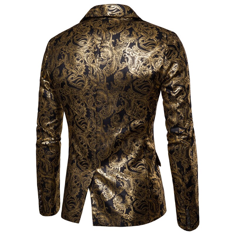 Gold Coated Metallic Suit Men Jacket Glitter Bronzing Floral Print Blazer Jacket Men Slim One button Nightclub DJ Stage Costumes Gold Coated Metallic Suit Men Jacket Glitter Bronzing Floral Print Blazer Jacket Men Slim One button Nightclub DJ Stage Costumes