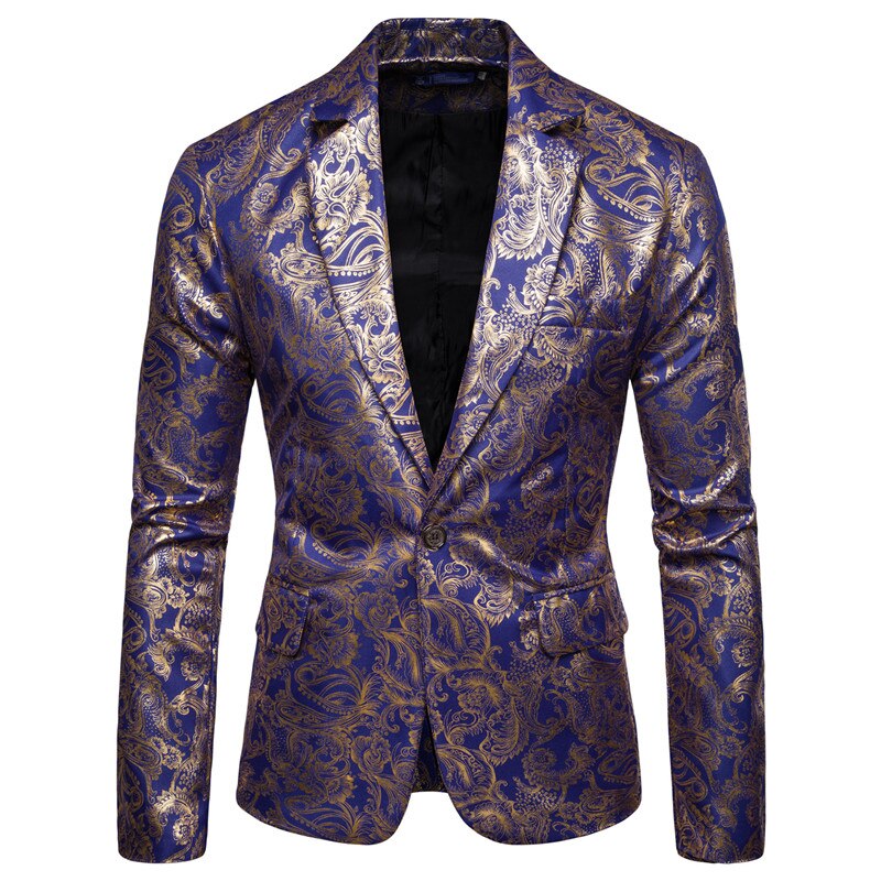 Gold Coated Metallic Suit Men Jacket Glitter Bronzing Floral Print Blazer Jacket Men Slim One button Nightclub DJ Stage Costumes Gold Coated Metallic Suit Men Jacket Glitter Bronzing Floral Print Blazer Jacket Men Slim One button Nightclub DJ Stage Costumes