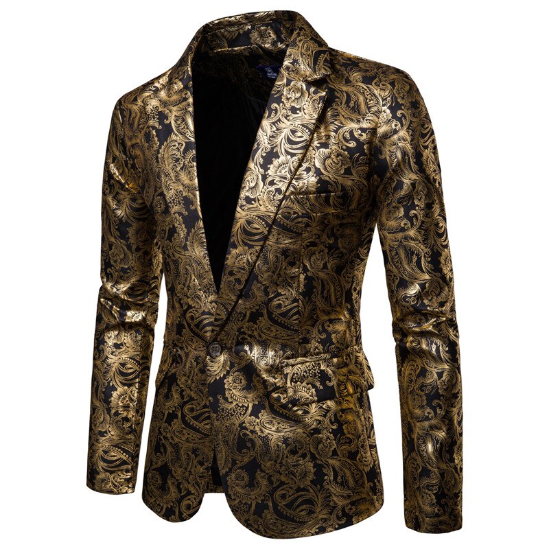 Gold Coated Metallic Suit Men Jacket Glitter Bronzing Floral Print Blazer Jacket Men Slim One button Nightclub DJ Stage Costumes Gold Coated Metallic Suit Men Jacket Glitter Bronzing Floral Print Blazer Jacket Men Slim One button Nightclub DJ Stage Costumes