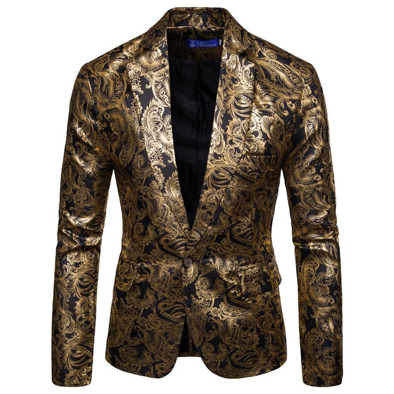 Gold Coated Metallic Suit Men Jacket Glitter Bronzing Floral Print Blazer Jacket Men Slim One button Nightclub DJ Stage Costumes Gold Coated Metallic Suit Men Jacket Glitter Bronzing Floral Print Blazer Jacket Men Slim One button Nightclub DJ Stage Costumes