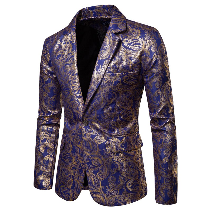 Gold Coated Metallic Suit Men Jacket Glitter Bronzing Floral Print Blazer Jacket Men Slim One button Nightclub DJ Stage Costumes Gold Coated Metallic Suit Men Jacket Glitter Bronzing Floral Print Blazer Jacket Men Slim One button Nightclub DJ Stage Costumes