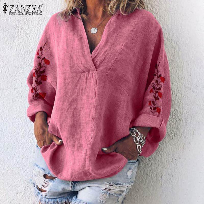 ZANZEA Autumn Cotton Linen Shirt Women V Neck Long Sleeve Blouse Floral Embroidery Tops Femme Robe Work Blusas Chemise Mujer 7 ZANZEA Autumn Cotton Linen Shirt Women V Neck Long Sleeve Blouse Floral Embroidery Tops Femme Robe Work Blusas Chemise Mujer 7