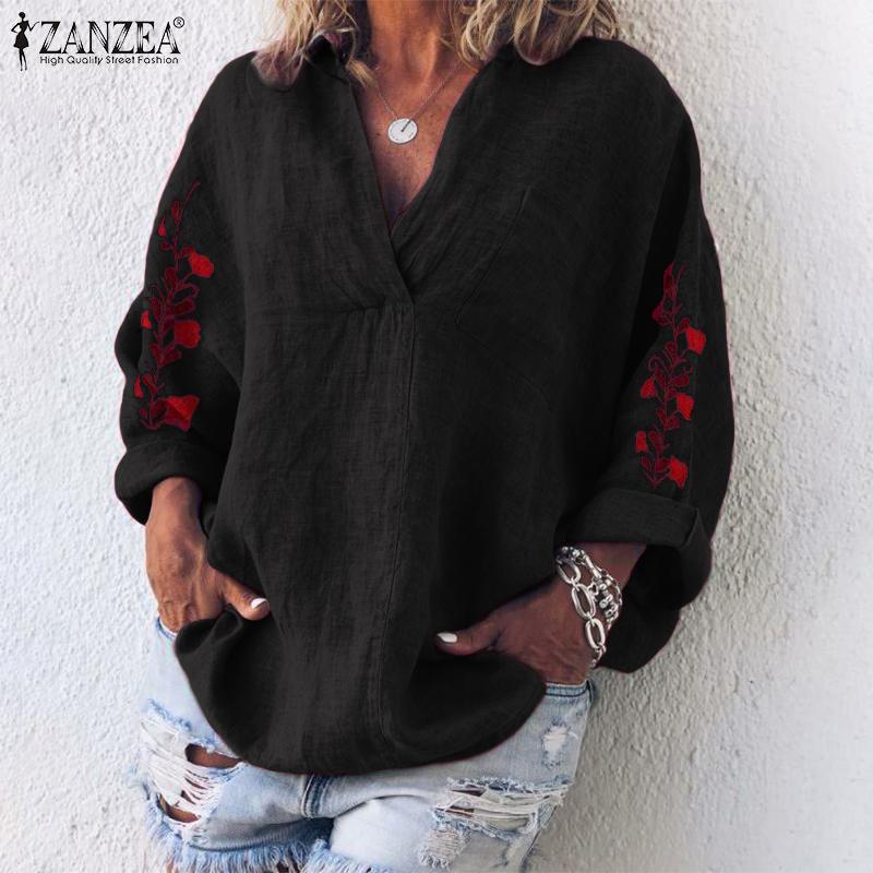 ZANZEA Autumn Cotton Linen Shirt Women V Neck Long Sleeve Blouse Floral Embroidery Tops Femme Robe Work Blusas Chemise Mujer 7 ZANZEA Autumn Cotton Linen Shirt Women V Neck Long Sleeve Blouse Floral Embroidery Tops Femme Robe Work Blusas Chemise Mujer 7