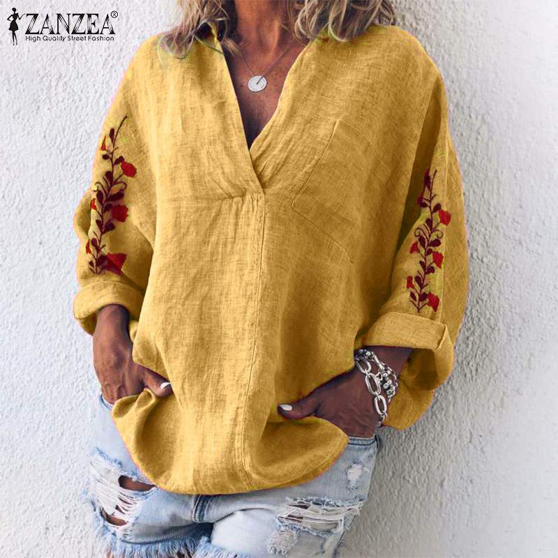 ZANZEA Autumn Cotton Linen Shirt Women V Neck Long Sleeve Blouse Floral Embroidery Tops Femme Robe Work Blusas Chemise Mujer 7 ZANZEA Autumn Cotton Linen Shirt Women V Neck Long Sleeve Blouse Floral Embroidery Tops Femme Robe Work Blusas Chemise Mujer 7