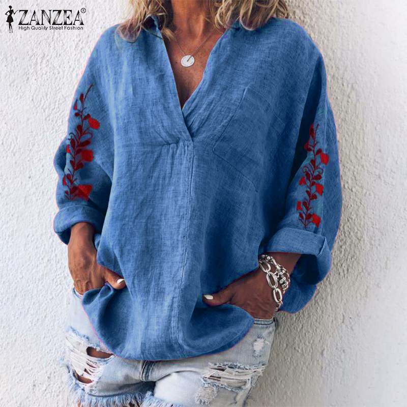ZANZEA Autumn Cotton Linen Shirt Women V Neck Long Sleeve Blouse Floral Embroidery Tops Femme Robe Work Blusas Chemise Mujer 7 ZANZEA Autumn Cotton Linen Shirt Women V Neck Long Sleeve Blouse Floral Embroidery Tops Femme Robe Work Blusas Chemise Mujer 7