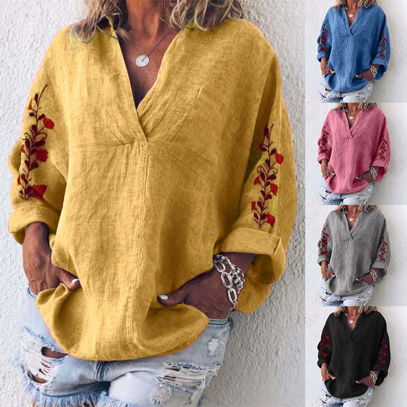 ZANZEA Autumn Cotton Linen Shirt Women V Neck Long Sleeve Blouse Floral Embroidery Tops Femme Robe Work Blusas Chemise Mujer 7 ZANZEA Autumn Cotton Linen Shirt Women V Neck Long Sleeve Blouse Floral Embroidery Tops Femme Robe Work Blusas Chemise Mujer 7