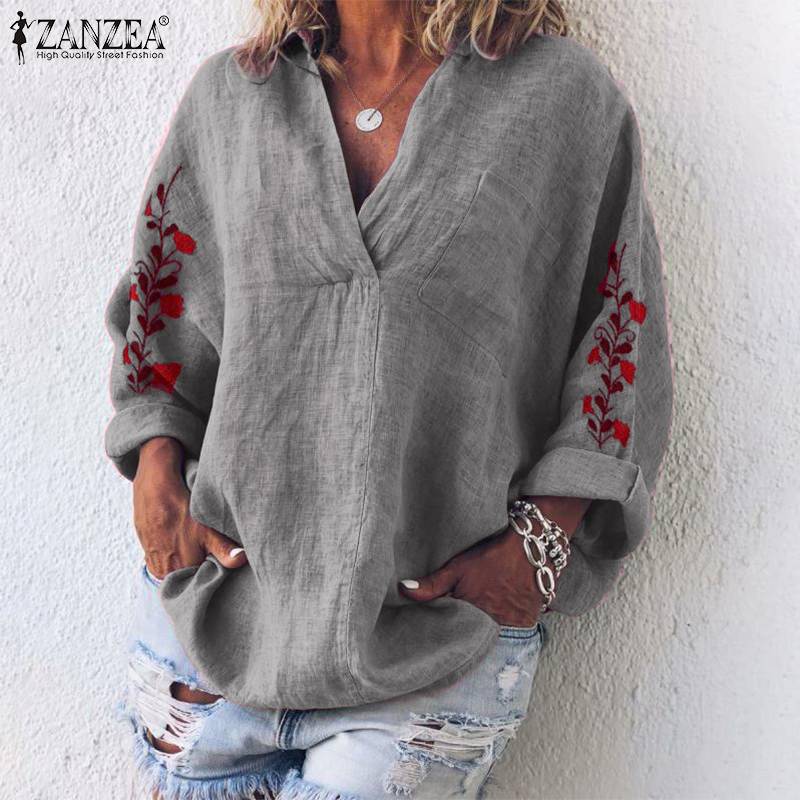 ZANZEA Autumn Cotton Linen Shirt Women V Neck Long Sleeve Blouse Floral Embroidery Tops Femme Robe Work Blusas Chemise Mujer 7 ZANZEA Autumn Cotton Linen Shirt Women V Neck Long Sleeve Blouse Floral Embroidery Tops Femme Robe Work Blusas Chemise Mujer 7