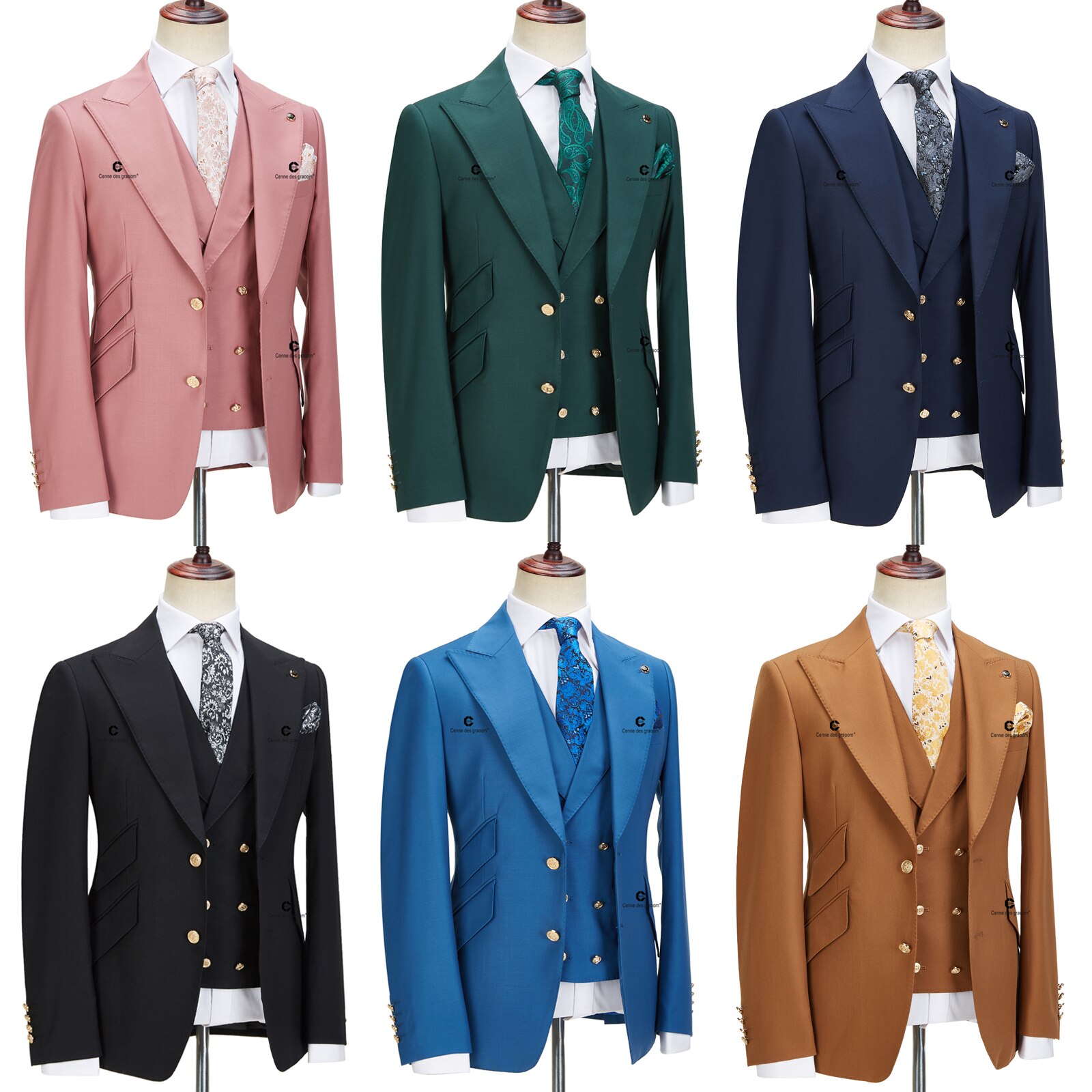 3Pcs Men's Suits Slim Fit, with Gold Buttons, Solid Jacket Vest, Pants Elegant Wedding Dress 3Pcs Men's Suits Slim Fit, with Gold Buttons, Solid Jacket Vest, Pants Elegant Wedding Dress