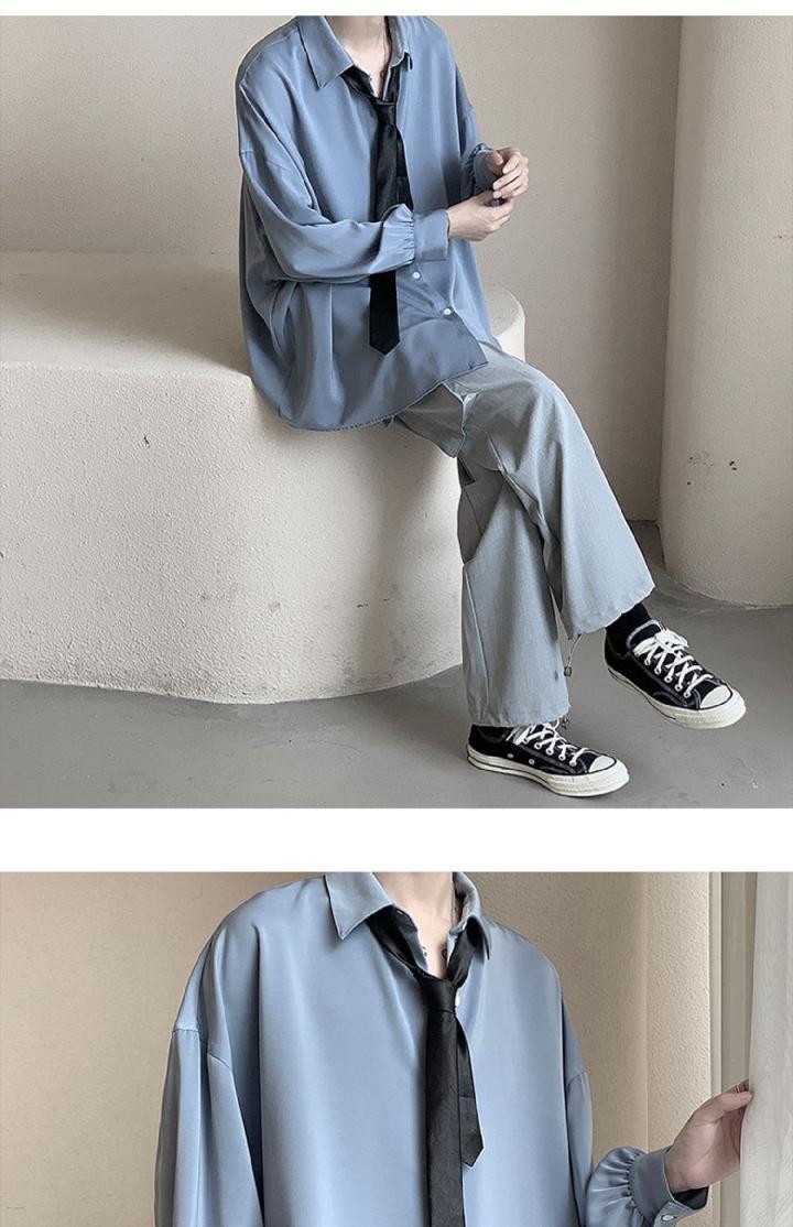 Black Long-sleeved Shirts Men Korean Comfortable Blouses Casual Loose Single Breasted Shirt With Tie Black Long-sleeved Shirts Men Korean Comfortable Blouses Casual Loose Single Breasted Shirt With Tie