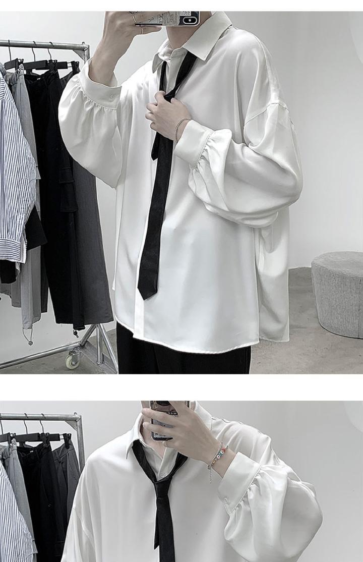 Black Long-sleeved Shirts Men Korean Comfortable Blouses Casual Loose Single Breasted Shirt With Tie Black Long-sleeved Shirts Men Korean Comfortable Blouses Casual Loose Single Breasted Shirt With Tie