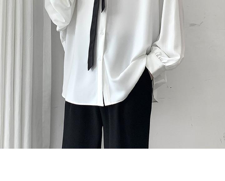 Black Long-sleeved Shirts Men Korean Comfortable Blouses Casual Loose Single Breasted Shirt With Tie Black Long-sleeved Shirts Men Korean Comfortable Blouses Casual Loose Single Breasted Shirt With Tie