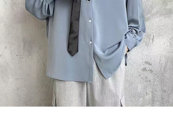 Black Long-sleeved Shirts Men Korean Comfortable Blouses Casual Loose Single Breasted Shirt With Tie Black Long-sleeved Shirts Men Korean Comfortable Blouses Casual Loose Single Breasted Shirt With Tie