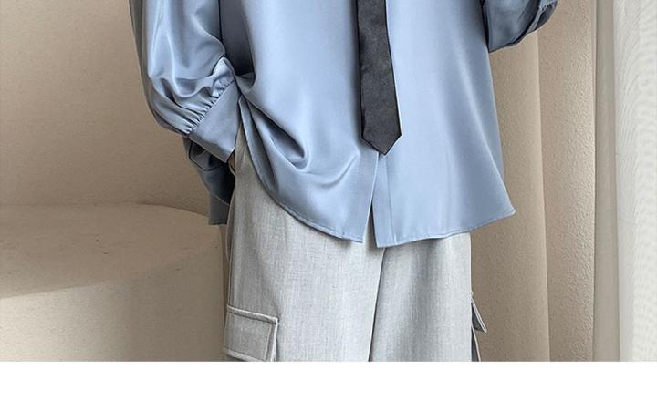 Black Long-sleeved Shirts Men Korean Comfortable Blouses Casual Loose Single Breasted Shirt With Tie Black Long-sleeved Shirts Men Korean Comfortable Blouses Casual Loose Single Breasted Shirt With Tie