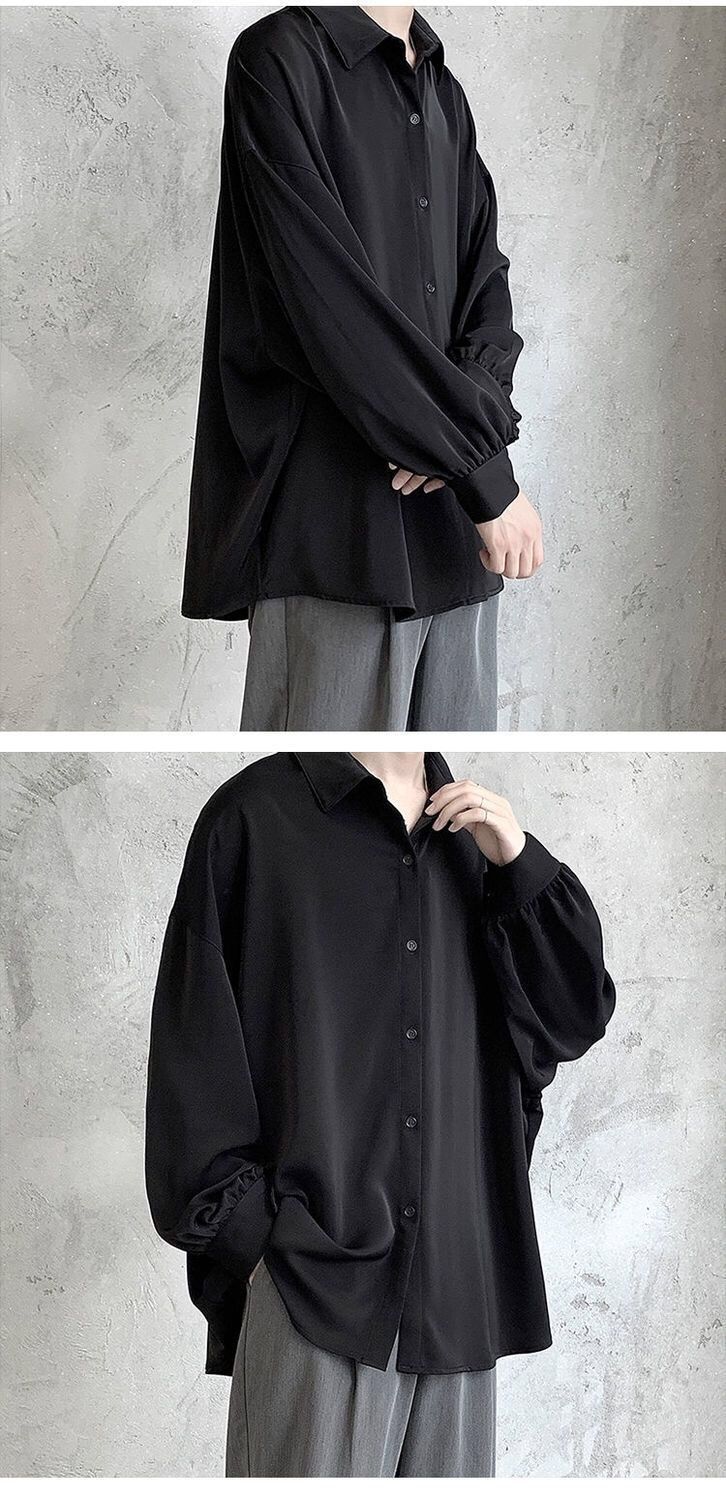 Black Long-sleeved Shirts Men Korean Comfortable Blouses Casual Loose Single Breasted Shirt With Tie Black Long-sleeved Shirts Men Korean Comfortable Blouses Casual Loose Single Breasted Shirt With Tie