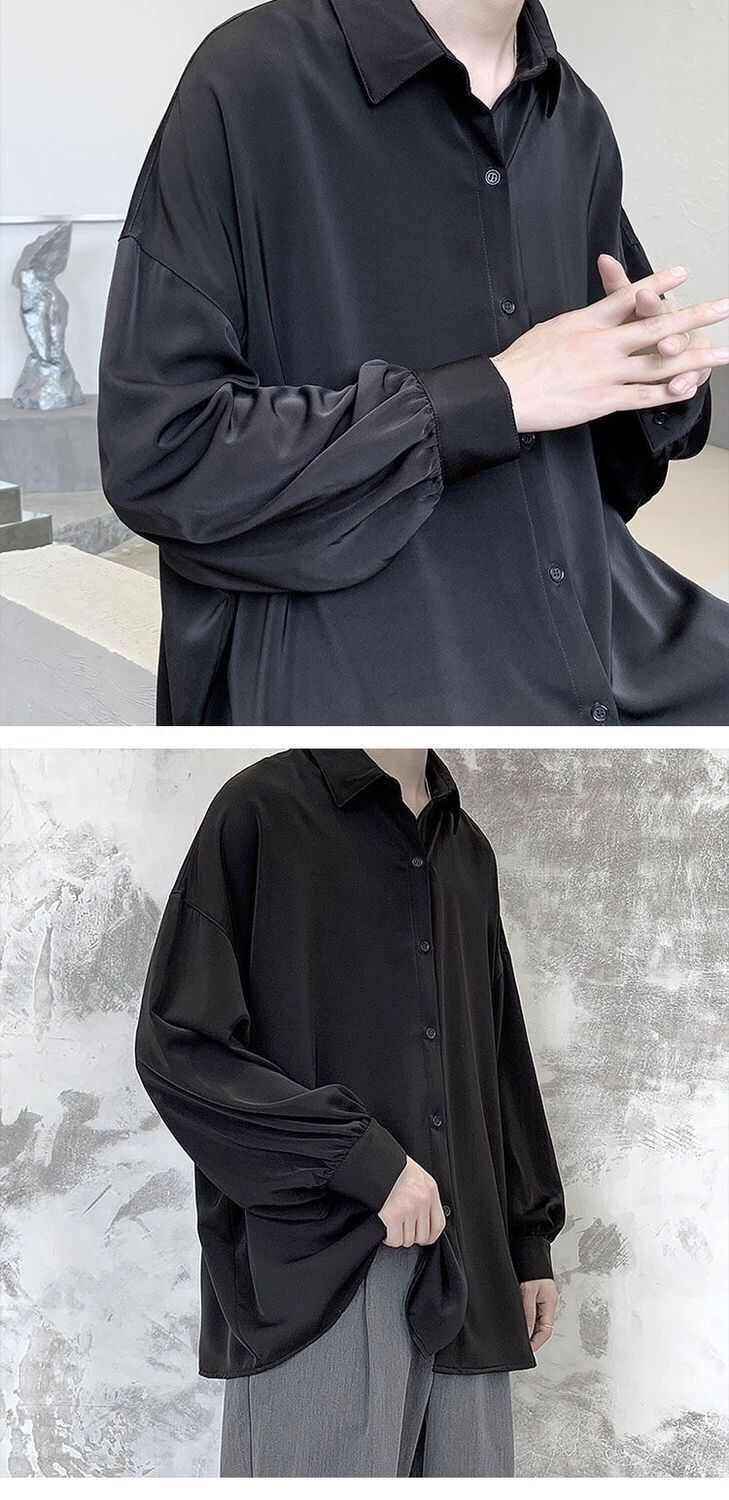 Black Long-sleeved Shirts Men Korean Comfortable Blouses Casual Loose Single Breasted Shirt With Tie Black Long-sleeved Shirts Men Korean Comfortable Blouses Casual Loose Single Breasted Shirt With Tie