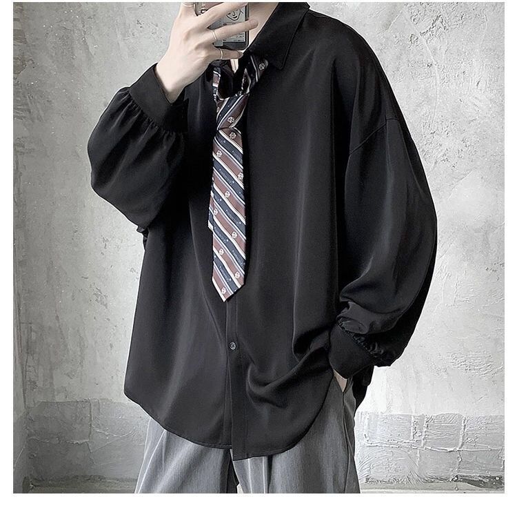 Black Long-sleeved Shirts Men Korean Comfortable Blouses Casual Loose Single Breasted Shirt With Tie Black Long-sleeved Shirts Men Korean Comfortable Blouses Casual Loose Single Breasted Shirt With Tie