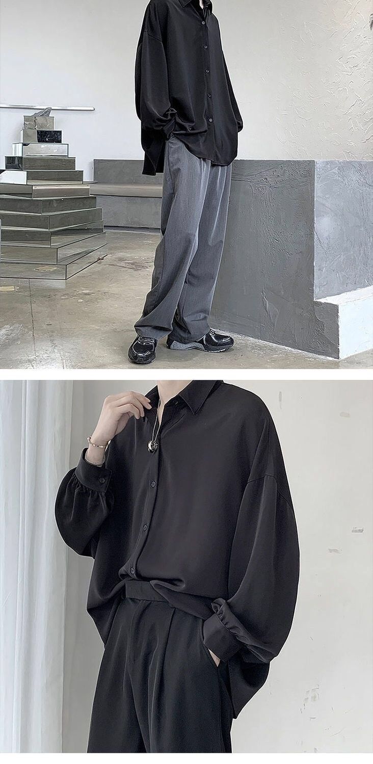 Black Long-sleeved Shirts Men Korean Comfortable Blouses Casual Loose Single Breasted Shirt With Tie Black Long-sleeved Shirts Men Korean Comfortable Blouses Casual Loose Single Breasted Shirt With Tie