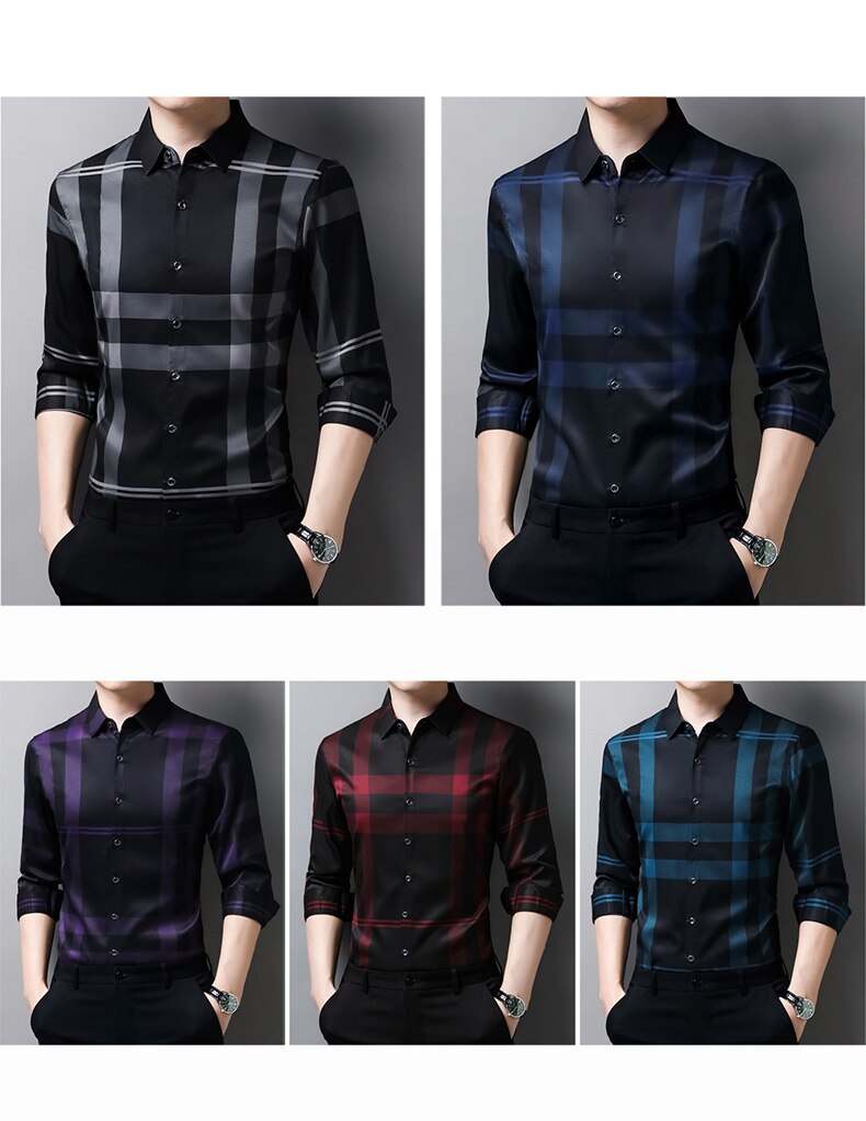 New High Quality Men Shirts Slim Fit Silk Dress Shirt Spring Long Sleeve Casual Plaid Shirts Camisa Masculina C728 New High Quality Men Shirts Slim Fit Silk Dress Shirt Spring Long Sleeve Casual Plaid Shirts Camisa Masculina C728