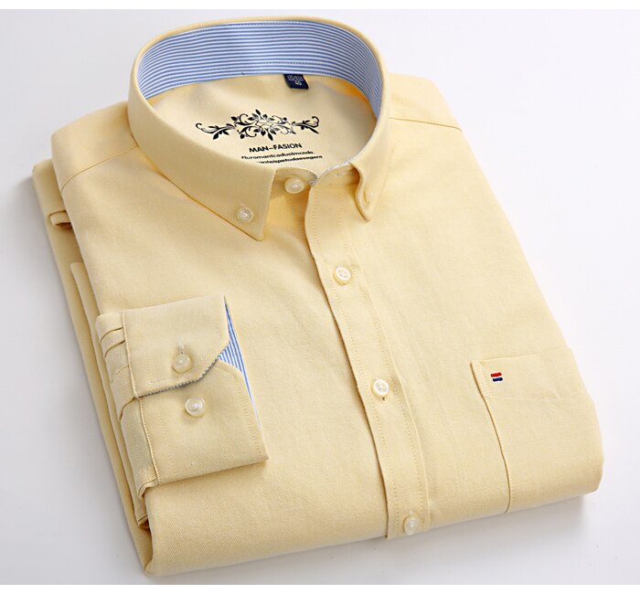 Men's Fashion Long Sleeve Solid Oxford Shirt Single Patch Pocket Simple Design Casual Standard-fit Button-down Collar Shirts