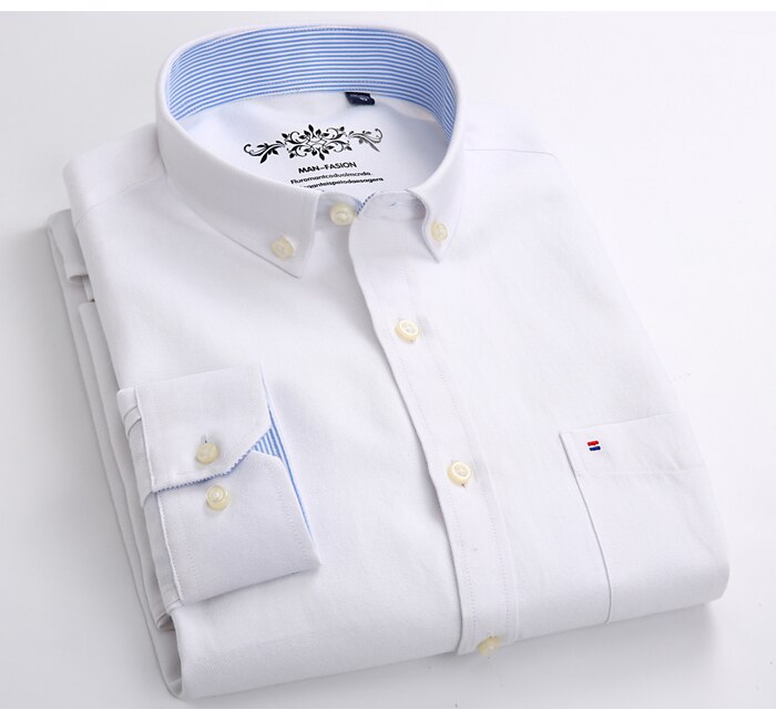 Men's Fashion Long Sleeve Solid Oxford Shirt Single Patch Pocket Simple Design Casual Standard-fit Button-down Collar Shirts