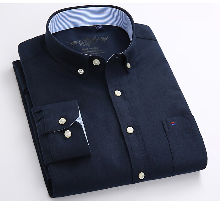 Men's Fashion Long Sleeve Solid Oxford Shirt Single Patch Pocket Simple Design Casual Standard-fit Button-down Collar Shirts